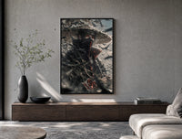 anime ninja with red eyes poster framed above a wood console in a concrete-wall living room