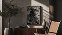 anime ninja with red eyes poster framed above a fluted sideboard beside an olive tree