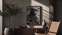 anime ninja with red eyes poster framed above a fluted sideboard beside an olive tree