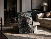 anime ninja with red eyes print in a black frame leaning on a travertine table in a sunlit lounge