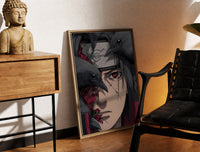 Brass-framed Anime ninja with red Sharingan eye print leaning in a warm styled corner by a sculpture