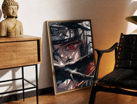 Brass-framed Anime ninja with Sharingan eye print leaning in a warm styled corner by a sculpture