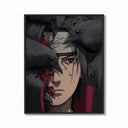 Framed Anime ninja with red Sharingan eye print shown as a bold statement piece on a clean gallery wall