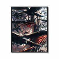 Framed Anime ninja with Sharingan eye print shown as a bold statement piece on a clean gallery wall