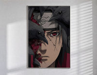 Anime ninja with red Sharingan eye poster in a slim frame on a bright wall with soft window light