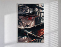 Anime ninja with Sharingan eye poster in a slim frame on a bright wall with soft window light