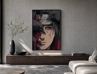 Anime ninja with red Sharingan eye poster framed above a wood console in a concrete-wall living room