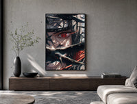 Anime ninja with Sharingan eye poster framed above a wood console in a concrete-wall living room
