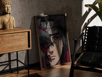 Walnut-framed Anime ninja with red Sharingan eye print leaning against a sunlit rustic brick wall