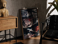 Walnut-framed Anime ninja with Sharingan eye print leaning against a sunlit rustic brick wall