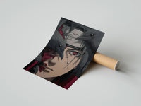 Rolled Anime ninja with red Sharingan eye poster beside its crush-resistant kraft shipping tube