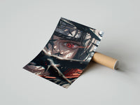 Rolled Anime ninja with Sharingan eye poster beside its crush-resistant kraft shipping tube