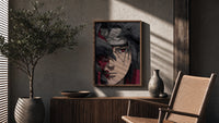 Anime ninja with red Sharingan eye poster framed above a fluted sideboard beside an olive tree