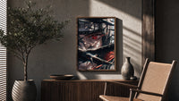 Anime ninja with Sharingan eye poster framed above a fluted sideboard beside an olive tree