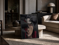 Anime ninja with red Sharingan eye print in a black frame leaning on a travertine table in a sunlit lounge