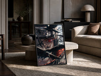 Anime ninja with Sharingan eye print in a black frame leaning on a travertine table in a sunlit lounge