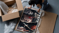 Anime ninja with Sharingan eye framed print being unpacked from protective bubble wrap and a box