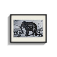 Framed Large elephant with tusks print shown as a wide statement piece on a clean white wall