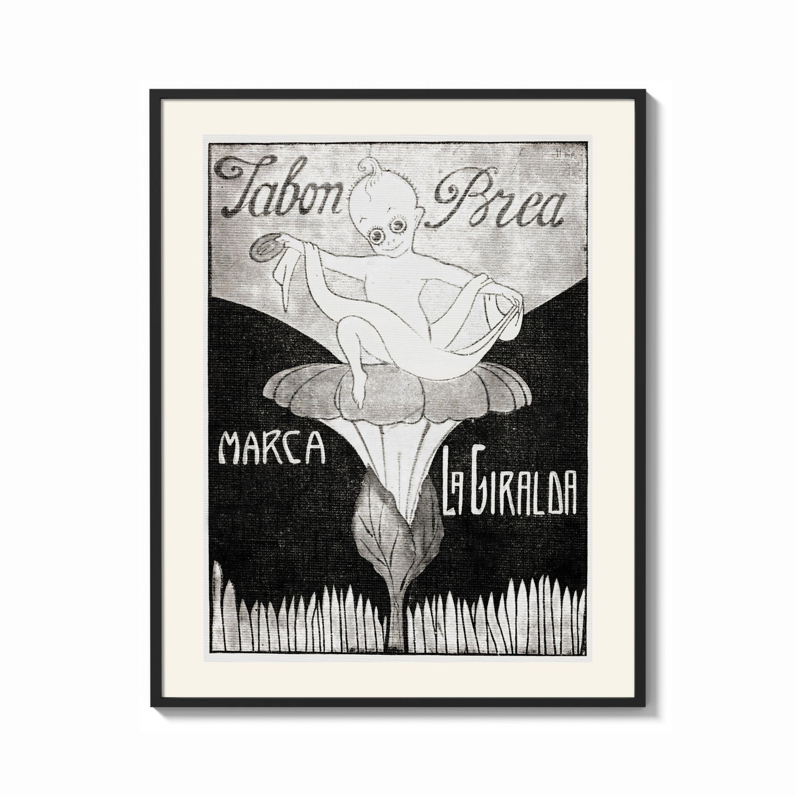 Framed Baby cherub sitting on flower print shown as a bold statement piece on a clean gallery wall