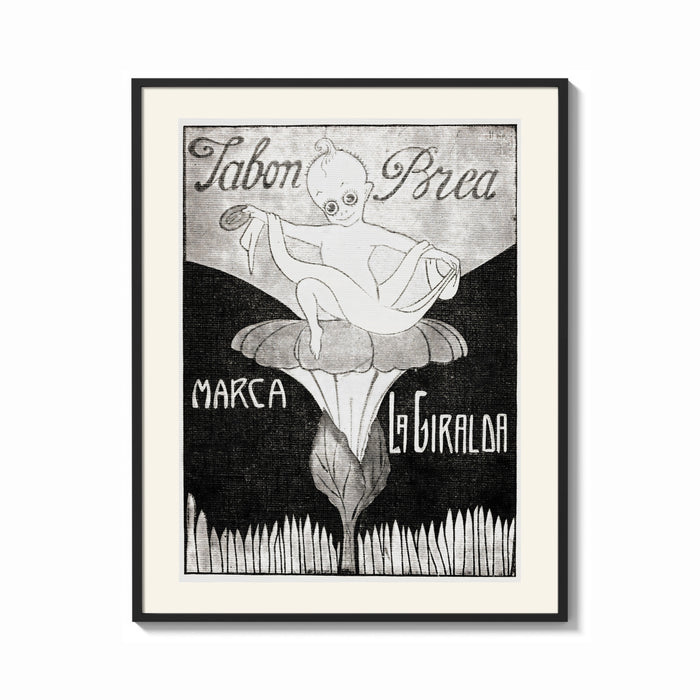Framed Baby cherub sitting on flower print shown as a bold statement piece on a clean gallery wall