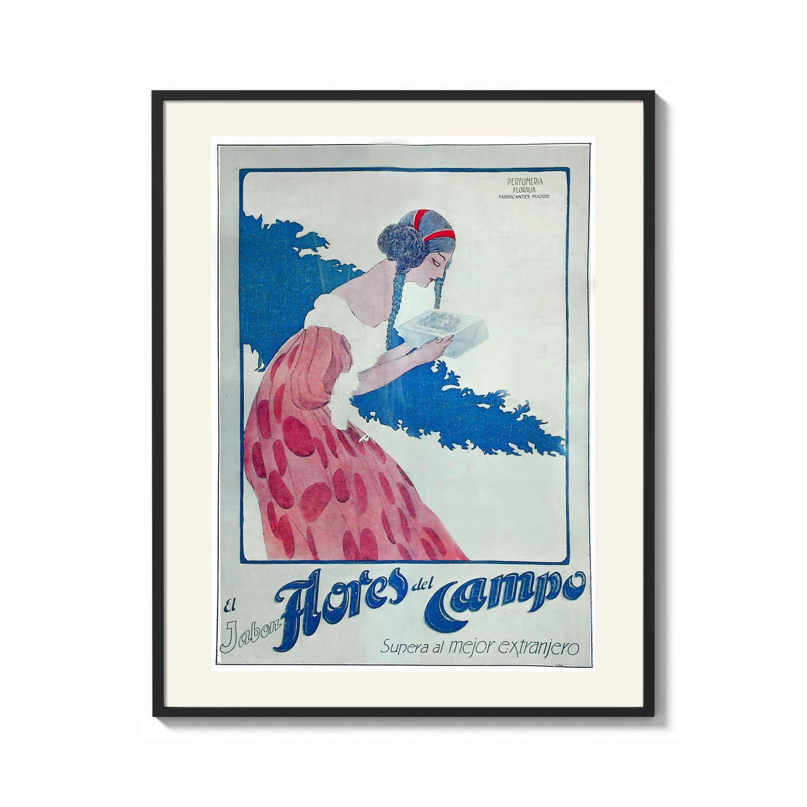 Framed Woman holding soap box print shown as a bold statement piece on a clean gallery wall