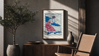 Woman holding soap box poster framed above a fluted sideboard beside an olive tree