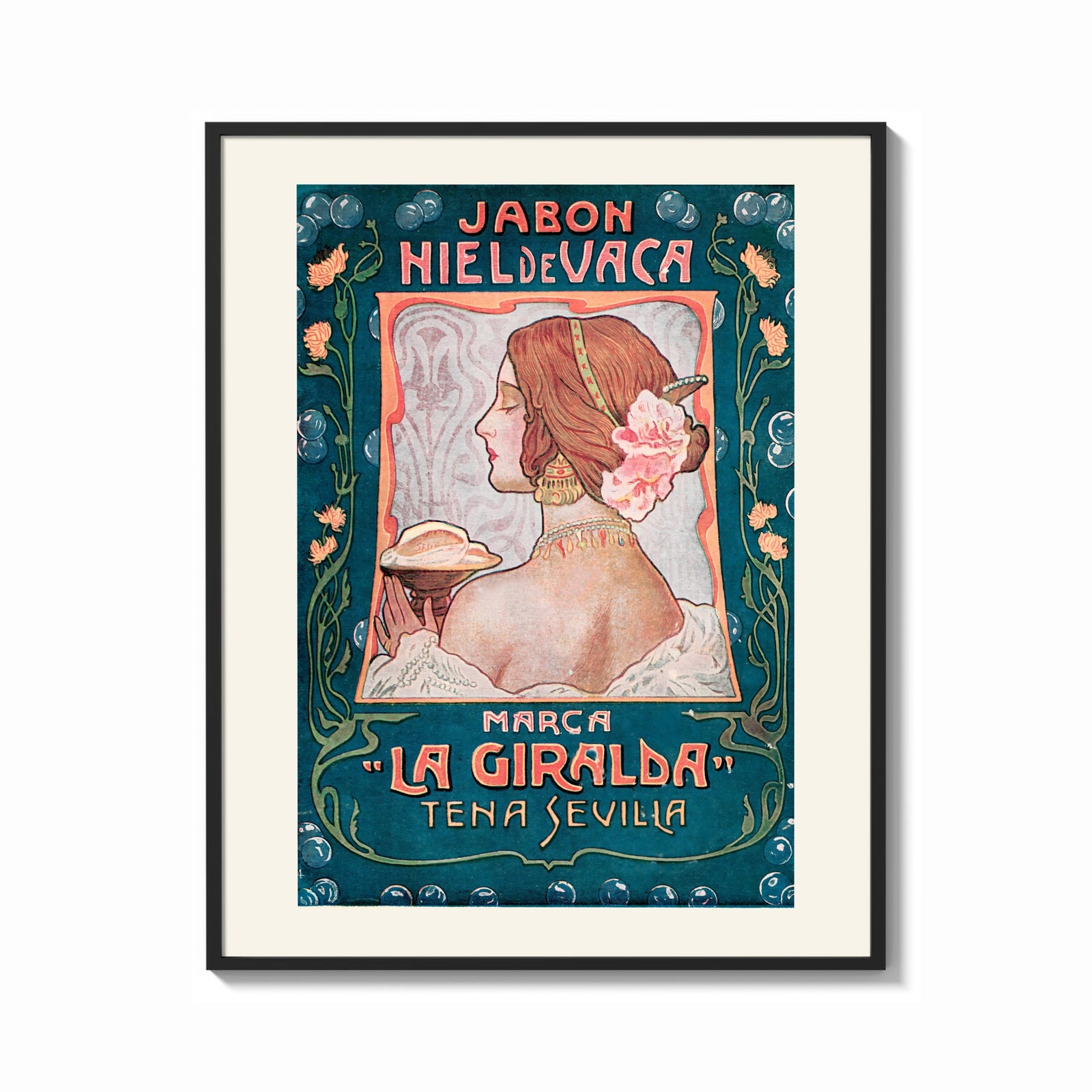 Framed Art Nouveau woman in profile print shown as a bold statement piece on a clean gallery wall