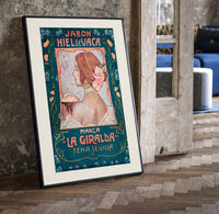Art Nouveau woman in profile print in a black frame leaning beside a vintage door on parquet