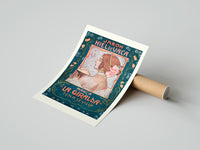 Rolled Art Nouveau woman in profile poster beside its crush-resistant kraft shipping tube