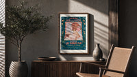 Art Nouveau woman in profile poster framed above a fluted sideboard beside an olive tree