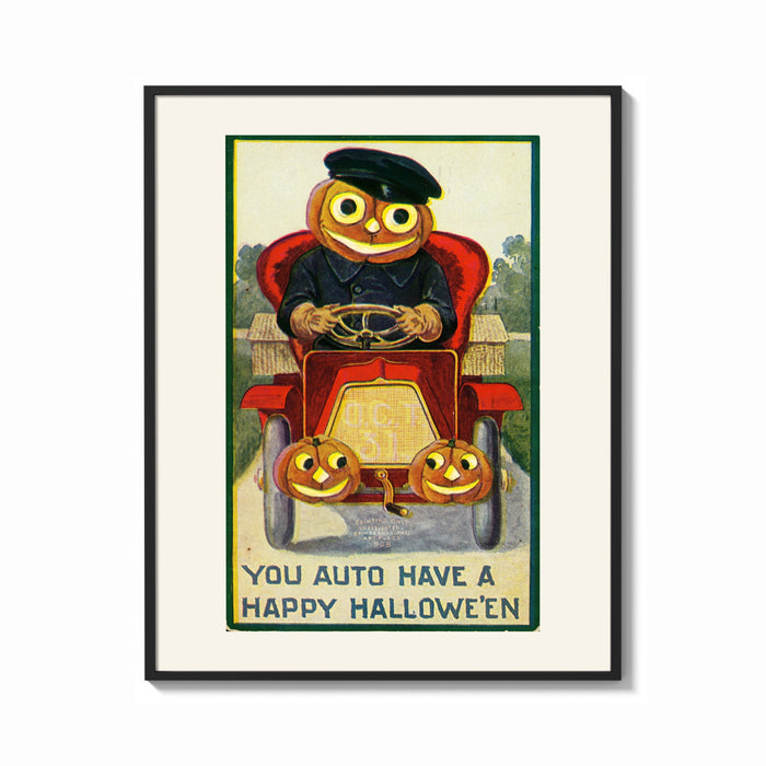 Framed Pumpkin-headed man driving red car print shown as a bold statement piece on a clean gallery wall