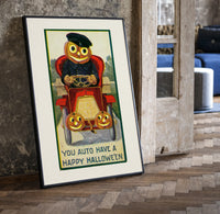 Pumpkin-headed man driving red car print in a black frame leaning beside a vintage door on parquet