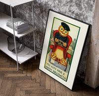 Pumpkin-headed man driving red car poster in a black frame leaning beside a shelf in a raw-plaster loft
