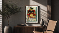 Pumpkin-headed man driving red car poster framed above a fluted sideboard beside an olive tree