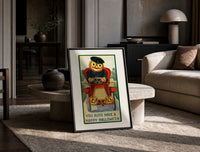 Pumpkin-headed man driving red car print in a black frame leaning on a travertine table in a sunlit lounge