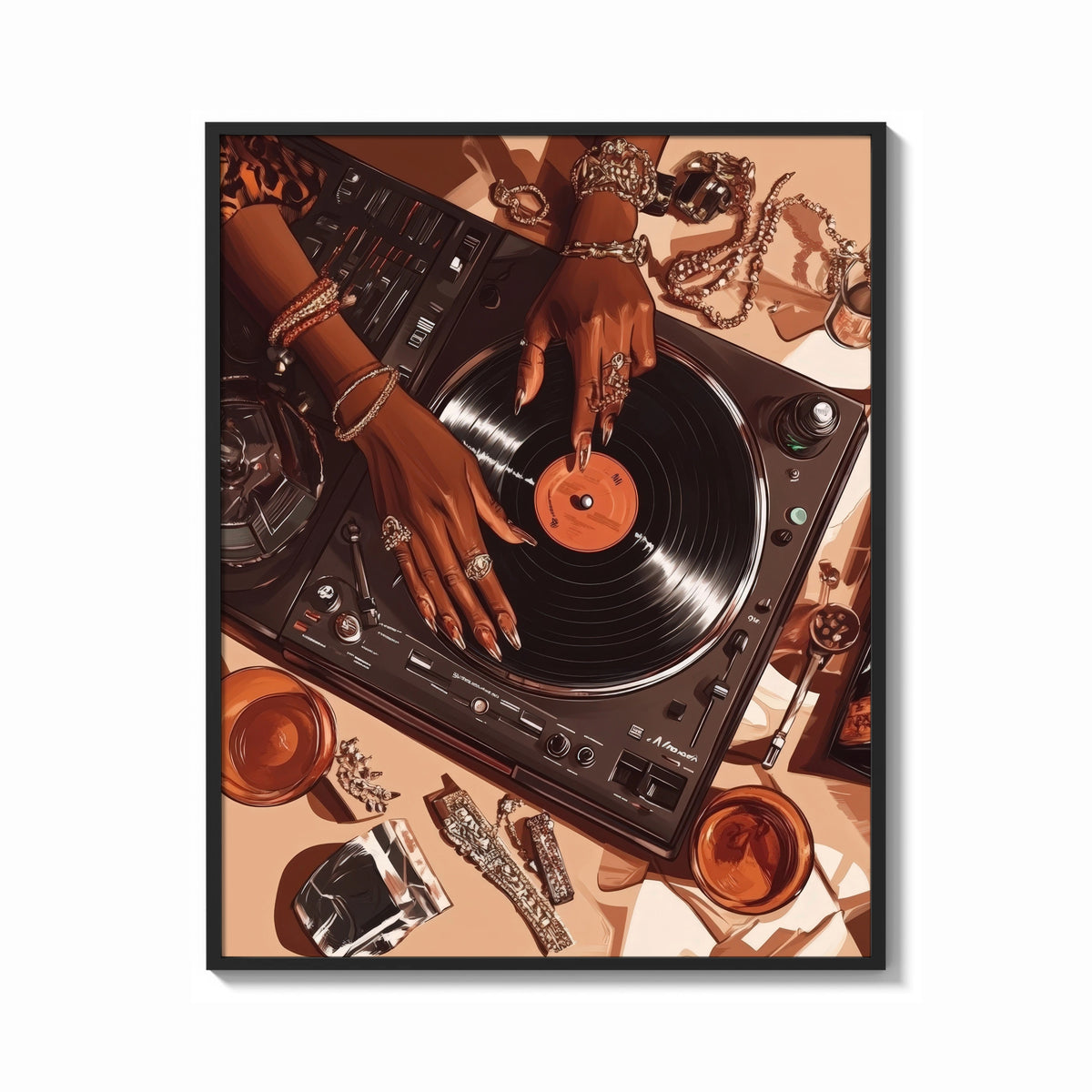 Framed Jeweled Hands on a Record Player print shown as a bold statement piece on a clean gallery wall