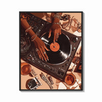 Framed Jeweled Hands on a Record Player print shown as a bold statement piece on a clean gallery wall