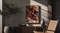 Jeweled Hands on a Record Player poster framed above a fluted sideboard beside a potted tree