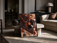 Jeweled Hands on a Record Player print on the floor, leaning against a travertine table