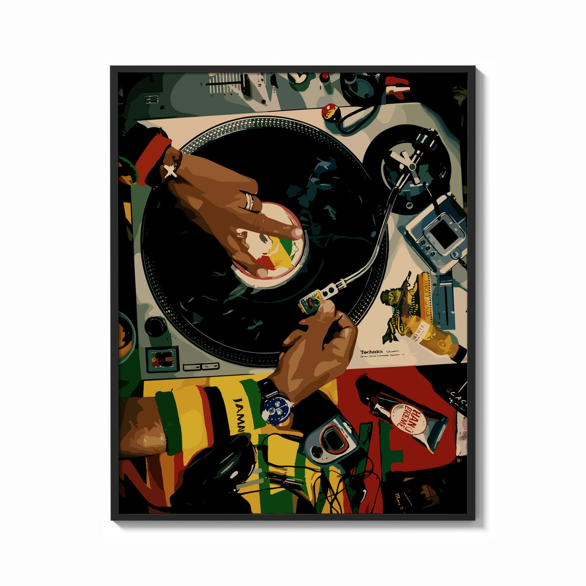 Framed Jeweled Hands on a Turntable print shown as a bold statement piece on a clean gallery wall