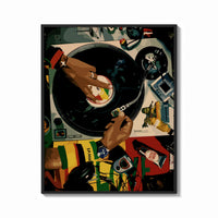 Framed Jeweled Hands on a Turntable print shown as a bold statement piece on a clean gallery wall