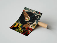 Gently curled Jeweled Hands on a Turntable print beside its protective shipping tube
