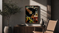 Jeweled Hands on a Turntable poster framed above a fluted sideboard beside a potted tree