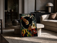 Jeweled Hands on a Turntable print on the floor, leaning against a travertine table