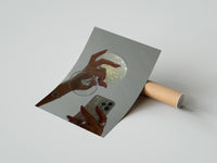 Gently curled Jeweled Hands with Phone and Glass print beside its protective shipping tube