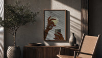 Jeweled Hands with Phone and Glass poster framed above a fluted sideboard beside a potted tree