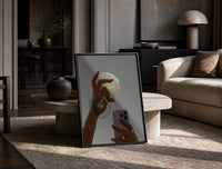Jeweled Hands with Phone and Glass print on the floor, leaning against a travertine table