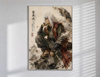 White-haired ninja sitting thoughtfully poster in a slim frame on a bright wall with soft window light