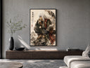 White-haired ninja sitting thoughtfully poster framed above a wood console in a concrete-wall living room