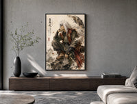 White-haired ninja sitting thoughtfully poster framed above a wood console in a concrete-wall living room